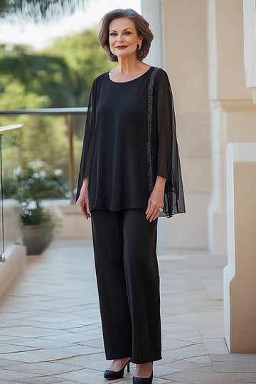 Noir col rond mousseline de soie manches longues 2 pièces mère de la mariée pantalons tailleurs